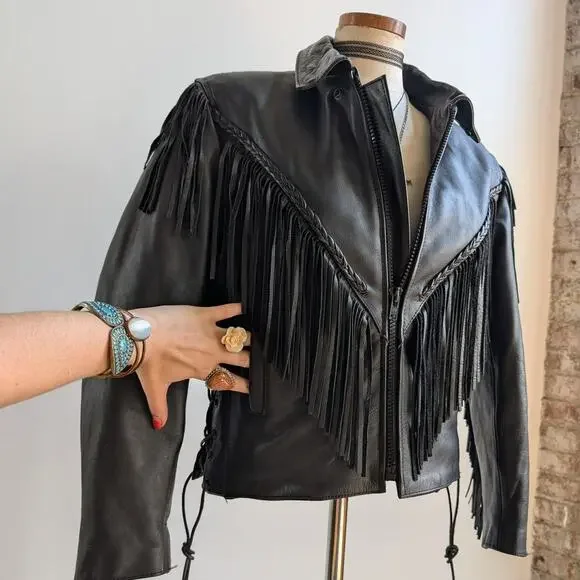 Vintage Black Leather Biker Jacket Fringe Sexy Moto Cowgirl Western Coat Small - Picture 6 of 12